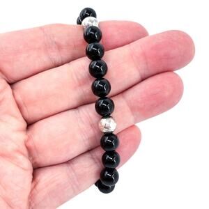 Vintage Black Beaded Stretch Bracelet with Silver Accent